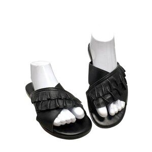 Mercanti Fiorentini Black Calfskin  Leather Ruffle‎ Accent Slides